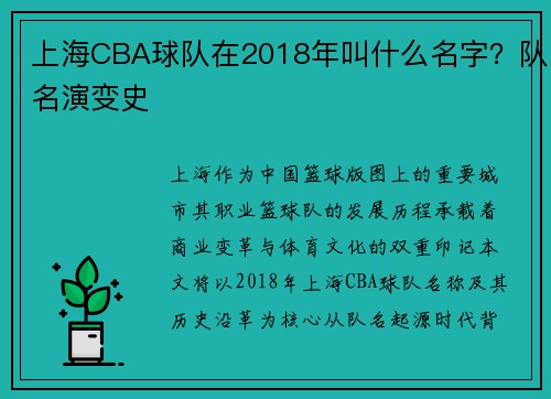 上海CBA球队在2018年叫什么名字？队名演变史